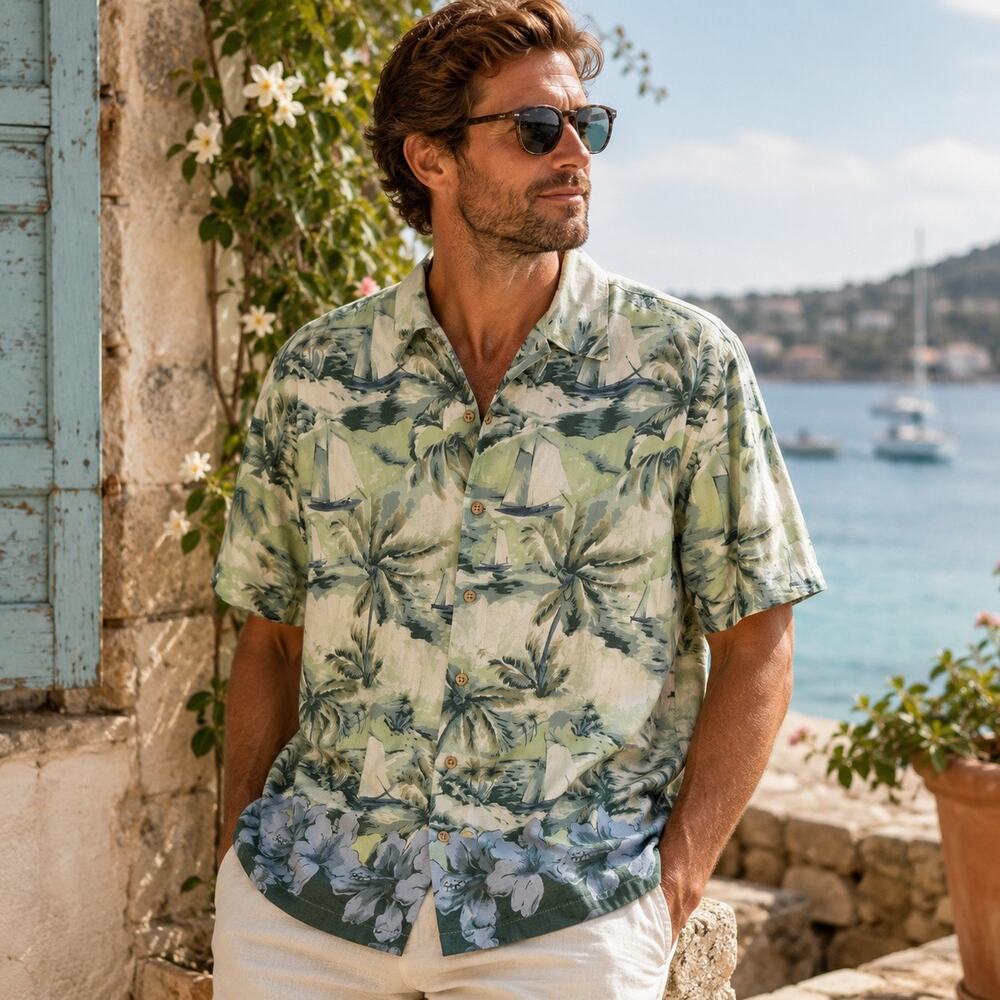 Cherokee Brand 100% Silk Hawaiian Camp Shirt Tropical Floral Men’s Medium